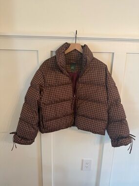wild fable Checkered Cropped Puffer Jacket in Burgundy and Tan